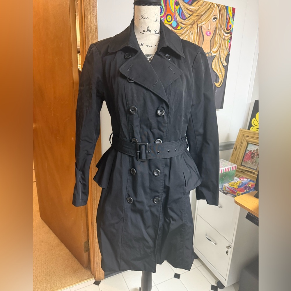 New York & Co black trench coat with ruffle detail